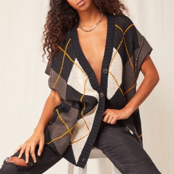 Free People Argyle Swing Chunky Knit Cardigan Dress, Medium - Picture 7 of 16